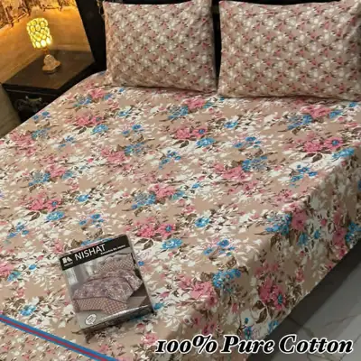 3 Pcs Cotton Printed Double Bedsheet