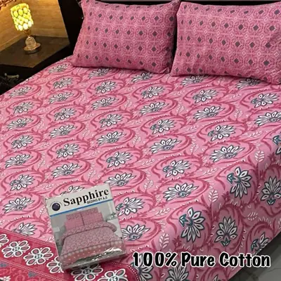3 Pcs Cotton Printed Double Bedsheet