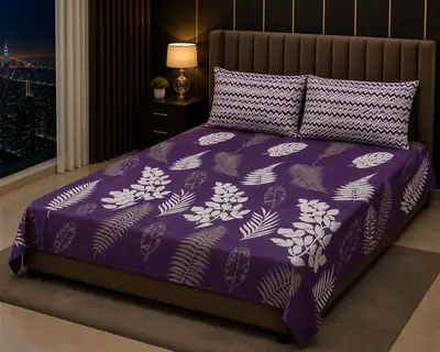 Stylish 3 Pcs Cotton Salonica Printed Double Bedsheet