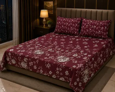 Stylish 3 Pcs Cotton Salonica Printed Double Bedsheet