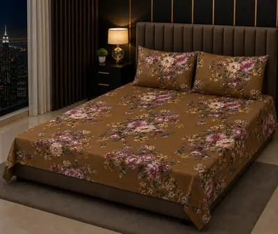 Stylish 3 Pcs Cotton Salonica Printed Double Bedsheet