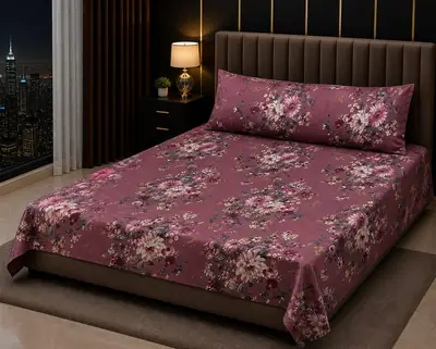 Stylish 3 Pcs Cotton Salonica Printed Double Bedsheet