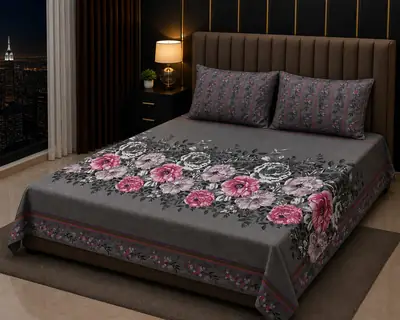 Stylish 3 Pcs Cotton Salonica Printed Double Bedsheet