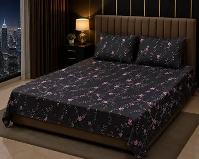 Stylish 3 Pcs Cotton Salonica Printed Double Bedsheet