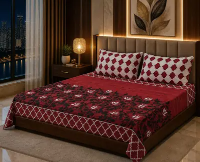 Stylish 3 Pcs Cotton Salonica Printed Double Bedsheet