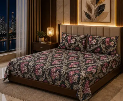 Stylish 3 Pcs Cotton Salonica Printed Double Bedsheet