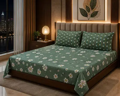 Stylish 3 Pcs Cotton Salonica Printed Double Bedsheet