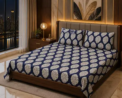 Stylish 3 Pcs Cotton Salonica Printed Double Bedsheet