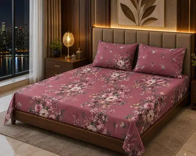 Stylish 3 Pcs Cotton Salonica Printed Double Bedsheet