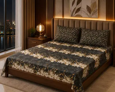 Stylish 3 Pcs Cotton Salonica Printed Double Bedsheet