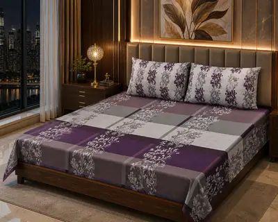 Stylish 3 Pcs Cotton Salonica Printed Double Bedsheet