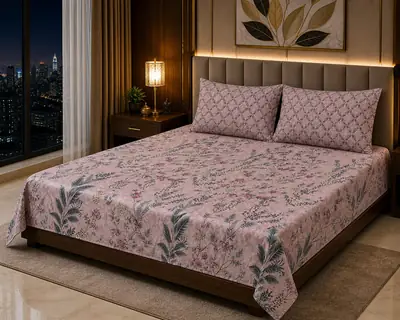 Stylish 3 Pcs Cotton Salonica Printed Double Bedsheet