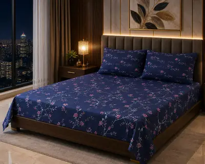 Stylish 3 Pcs Cotton Salonica Printed Double Bedsheet