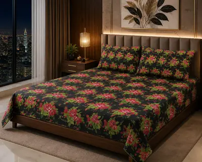 Stylish 3 Pcs Cotton Salonica Printed Double Bedsheet