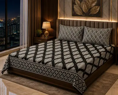 Stylish 3 Pcs Cotton Salonica Printed Double Bedsheet