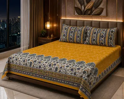 Stylish 3 Pcs Cotton Salonica Printed Double Bedsheet