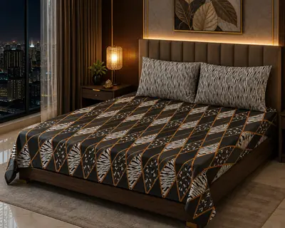 Stylish 3 Pcs Cotton Salonica Printed Double Bedsheet