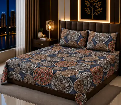 Vibrant 3 Pcs Cotton Sotton Printed Double Bedsheet