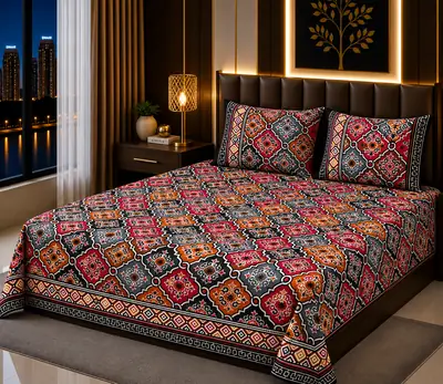 Vibrant 3 Pcs Cotton Sotton Printed Double Bedsheet
