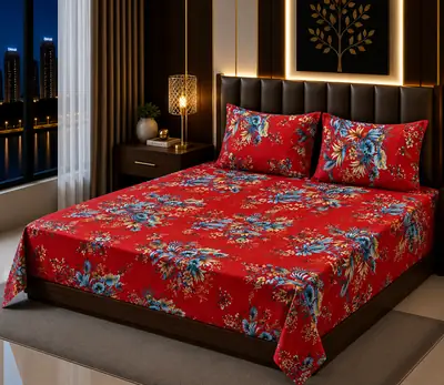 Vibrant 3 Pcs Cotton Sotton Printed Double Bedsheet