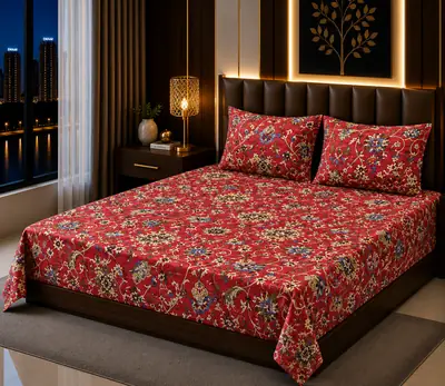Vibrant 3 Pcs Cotton Sotton Printed Double Bedsheet