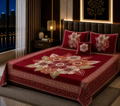Elegant 4 Pcs Velvet Jacquard Printed Double Bedsheet