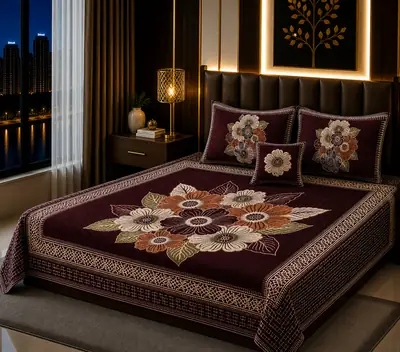 Elegant 4 Pcs Velvet Jacquard Printed Double Bedsheet