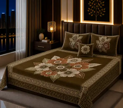 Elegant 4 Pcs Velvet Jacquard Printed Double Bedsheet