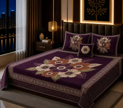 Elegant 4 Pcs Velvet Jacquard Printed Double Bedsheet