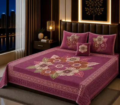 Elegant 4 Pcs Velvet Jacquard Printed Double Bedsheet