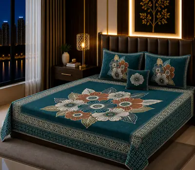 Elegant 4 Pcs Velvet Jacquard Printed Double Bedsheet