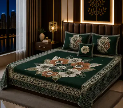 Elegant 4 Pcs Velvet Jacquard Printed Double Bedsheet