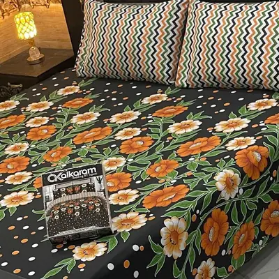3 Pcs Cotton Salonica Printed Double Bedsheet