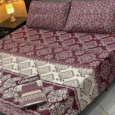 3 Pcs Cotton Salonica Printed Double Bedsheet