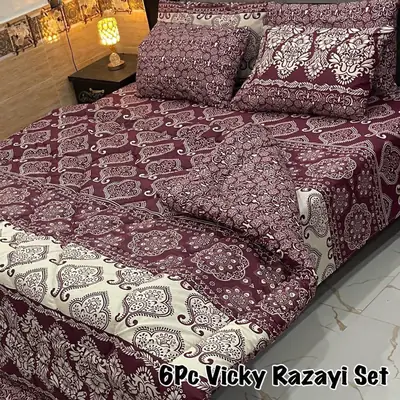Stylish 6 Pcs Cotton Salonica Printed Double Bed Razai Set