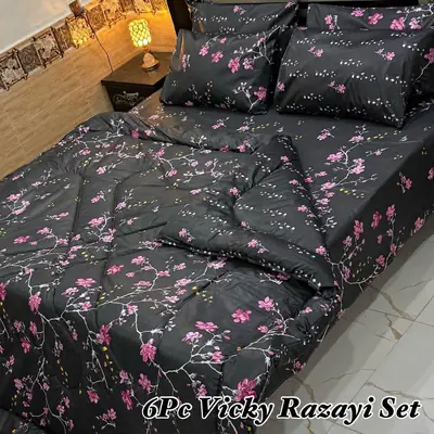 Stylish 6 Pcs Cotton Salonica Printed Double Bed Razai Set