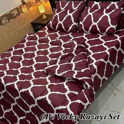 Stylish 6 Pcs Cotton Salonica Printed Double Bed Razai Set
