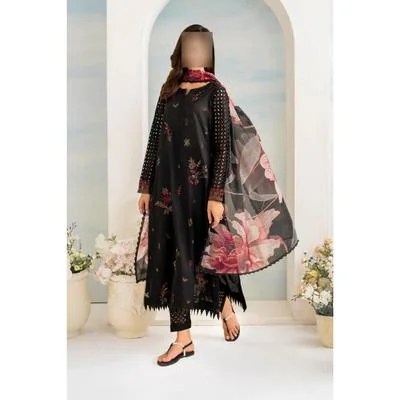 Black Chikankari Lawn 3Pcs Suit with Floral Dupatta