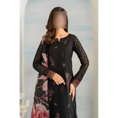 Black Chikankari Lawn 3Pcs Suit with Floral Dupatta thumbnail 2