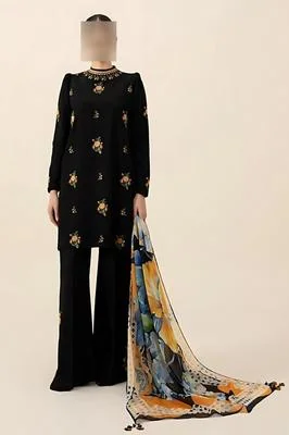 Black Embroidered 3 Pcs Women Suit with Printed Dupatta