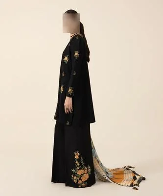 Black Embroidered 3 Pcs Women Suit with Printed Dupatta thumbnail 3