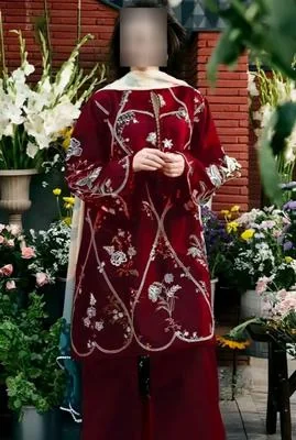 Maroon Embroidered Women's 3 Pcs Suit Set