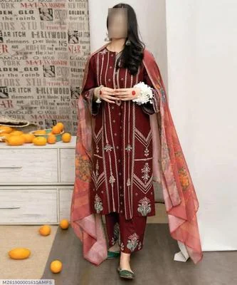 Maroon Embroidered 3 Pcs Lawn Suit for Eid Weddings thumbnail 4