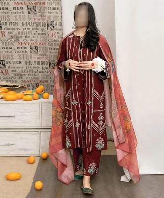 Maroon Embroidered 3 Pcs Lawn Suit for Eid Weddings