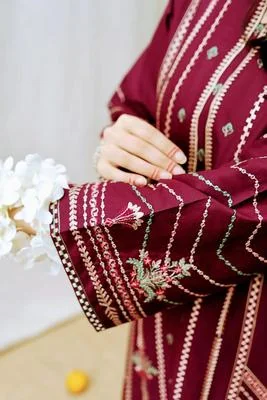 Maroon Embroidered 3 Pcs Lawn Suit for Eid Weddings thumbnail 2