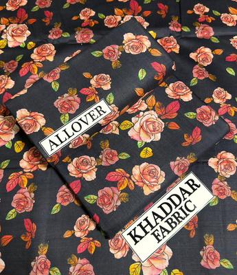 Premium Khaddar Floral Suit Black Base 1.75 Gazz