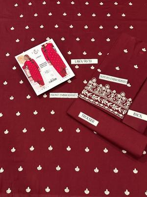 Women Embroidered Lawn Suit Maroon Bakra Eid thumbnail 3