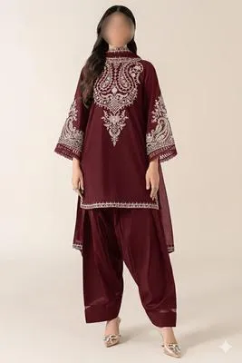 Maroon Embroidered Kurta Pajama Set for Women