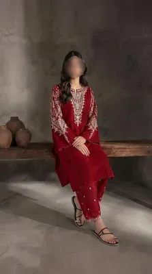 Red Embroidered Lawn Shirt & Cotton Trouser Set thumbnail 2
