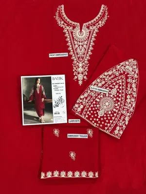 Red Embroidered Lawn Shirt & Cotton Trouser Set thumbnail 4